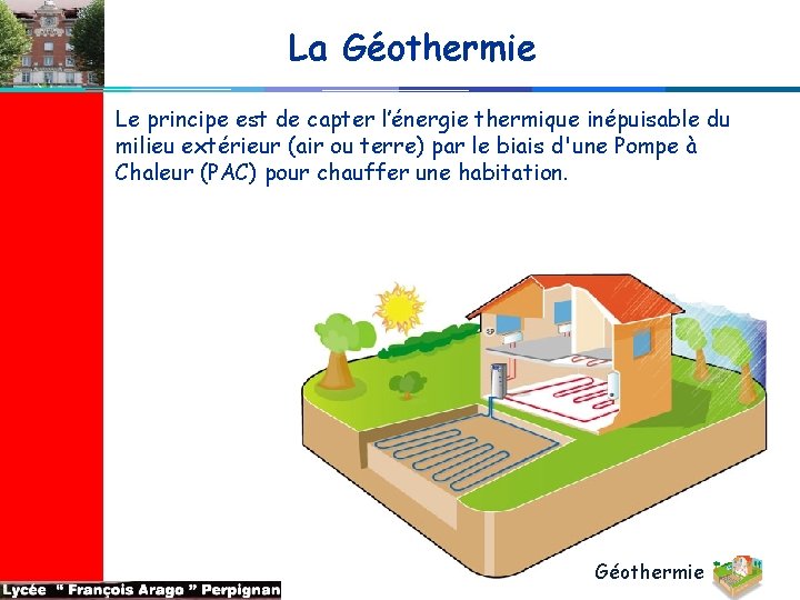 La Géothermie Le principe est de capter l’énergie thermique inépuisable du milieu extérieur (air