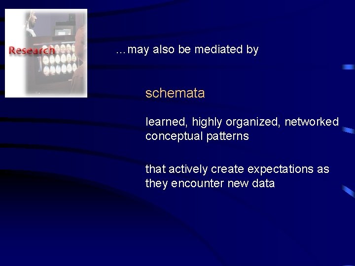 …may also be mediated by schemata learned, highly organized, networked conceptual patterns that actively