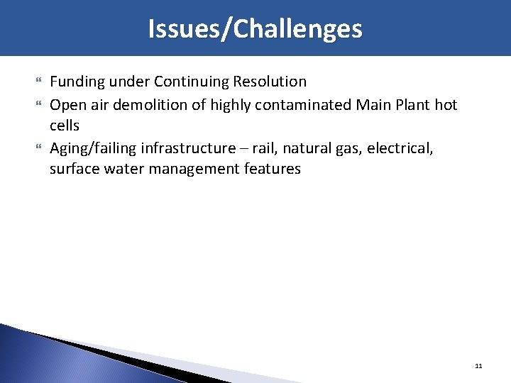 Issues/Challenges Funding under Continuing Resolution Open air demolition of highly contaminated Main Plant hot