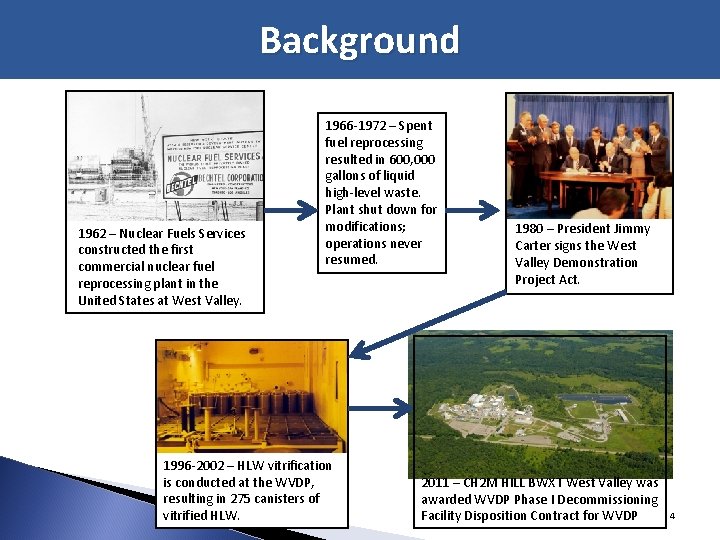 Background 1962 – Nuclear Fuels Services constructed the first commercial nuclear fuel reprocessing plant
