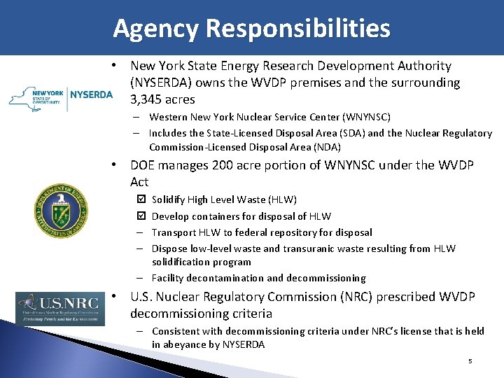 Agency Responsibilities • New York State Energy Research Development Authority (NYSERDA) owns the WVDP