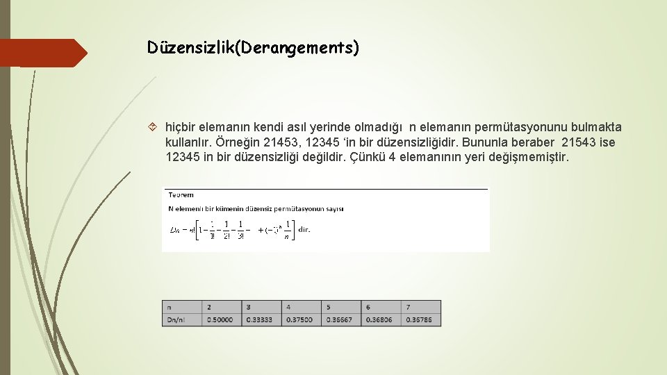 Düzensizlik(Derangements) hiçbir elemanın kendi asıl yerinde olmadığı n elemanın permütasyonunu bulmakta kullanlır. Örneğin 21453,