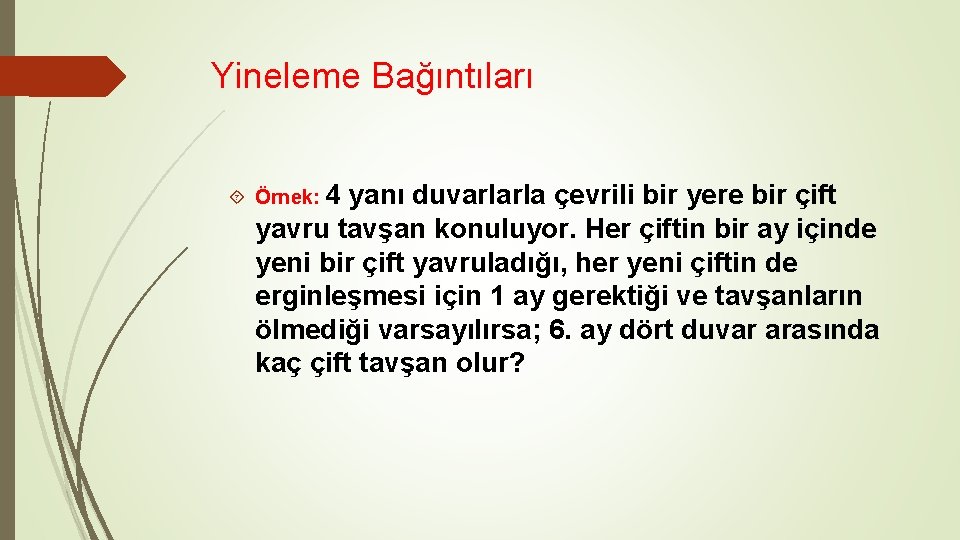 Yineleme Bağıntıları Örnek: 4 yanı duvarlarla çevrili bir yere bir çift yavru tavşan konuluyor.