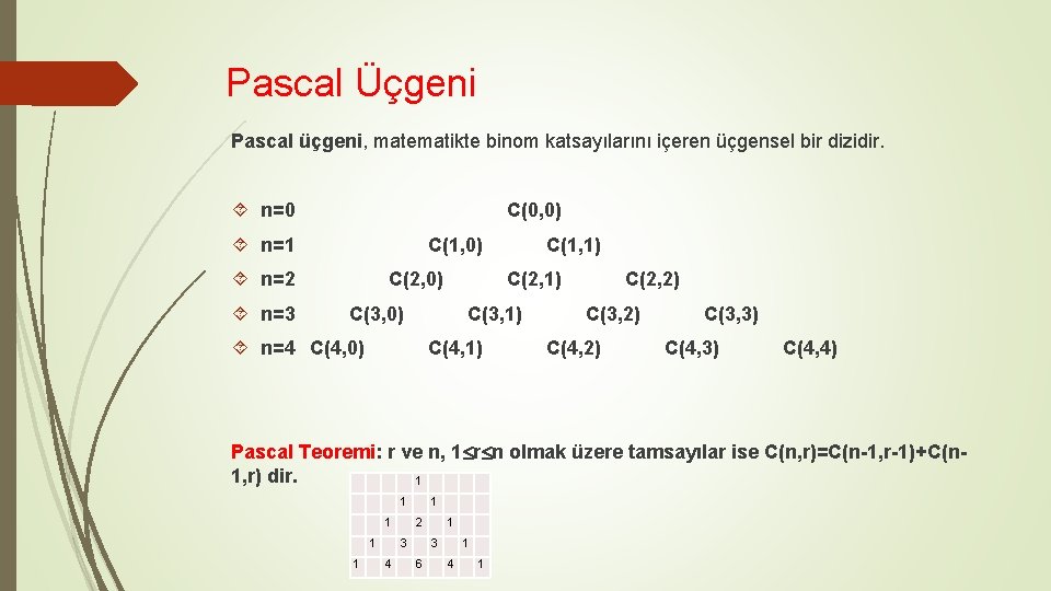 Pascal Üçgeni Pascal üçgeni, matematikte binom katsayılarını içeren üçgensel bir dizidir. n=0 C(0, 0)