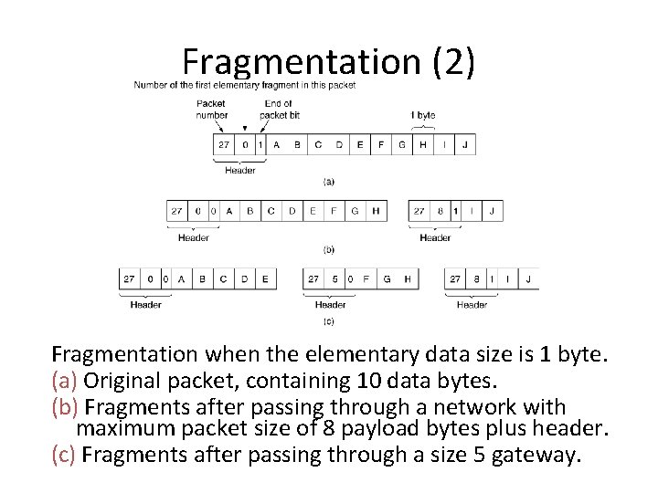 Fragmentation (2) Fragmentation when the elementary data size is 1 byte. (a) Original packet,