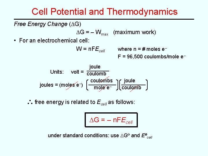 Cell Potential and Thermodynamics Free Energy Change (DG) DG = – Wmax (maximum work)