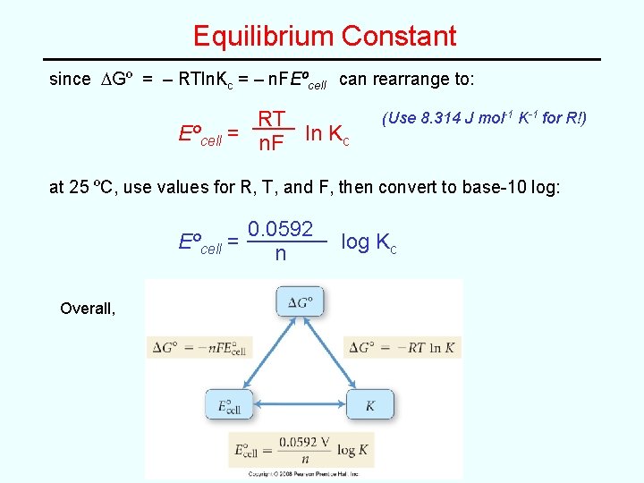 Equilibrium Constant since DGº = – RTln. Kc = – n. FEºcell can rearrange