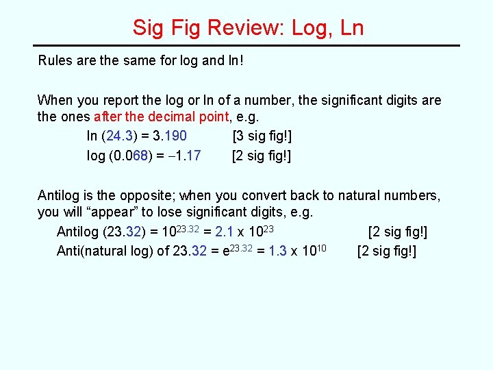 Sig Fig Review: Log, Ln Rules are the same for log and ln! When