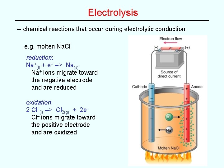 Electrolysis -- chemical reactions that occur during electrolytic conduction e. g. molten Na. Cl