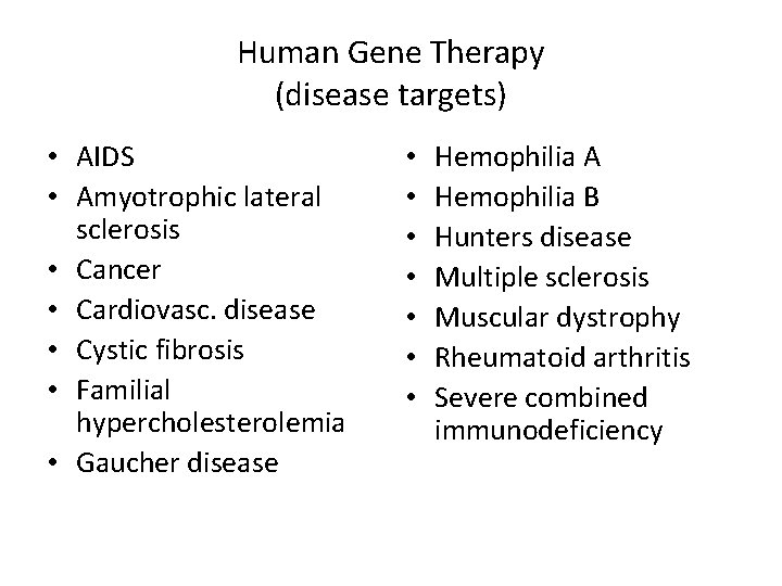 Human Gene Therapy (disease targets) • AIDS • Amyotrophic lateral sclerosis • Cancer •