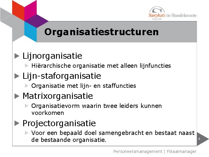 Organisatiestructuren Lijnorganisatie Hiërarchische organisatie met alleen lijnfuncties Lijn-staforganisatie Organisatie met lijn- en staffuncties Matrixorganisatie