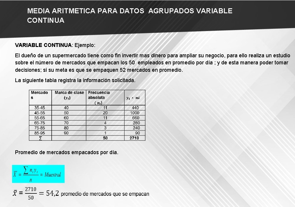 MEDIA ARITMETICA PARA DATOS AGRUPADOS VARIABLE CONTINUA: Ejemplo: El dueño de un supermercado tiene