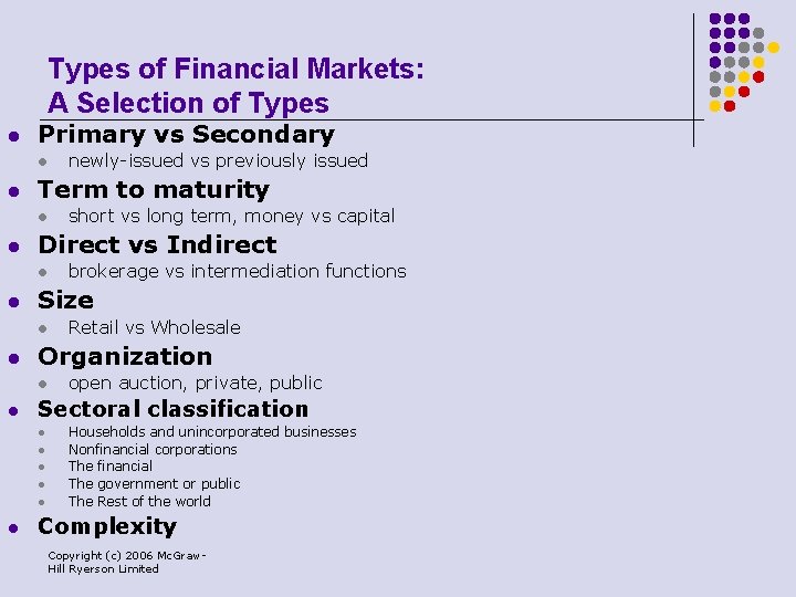 Types of Financial Markets: A Selection of Types l Primary vs Secondary l l