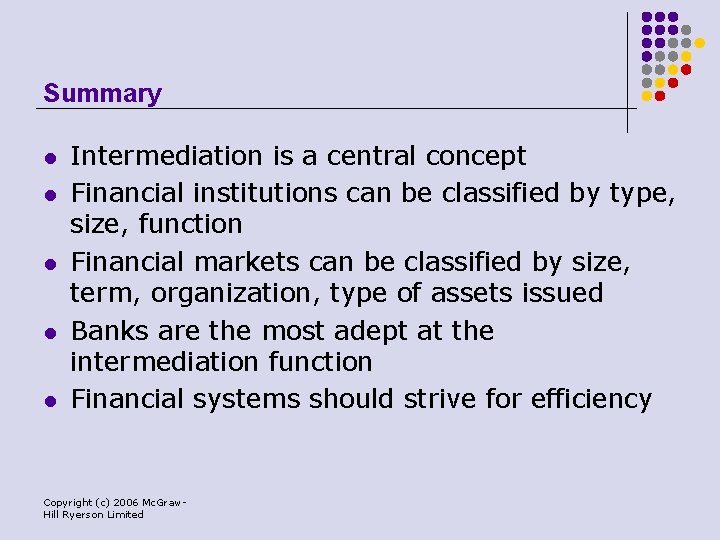 Summary l l l Intermediation is a central concept Financial institutions can be classified
