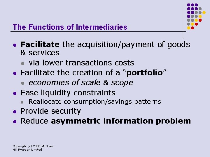 The Functions of Intermediaries l l l Facilitate the acquisition/payment of goods & services