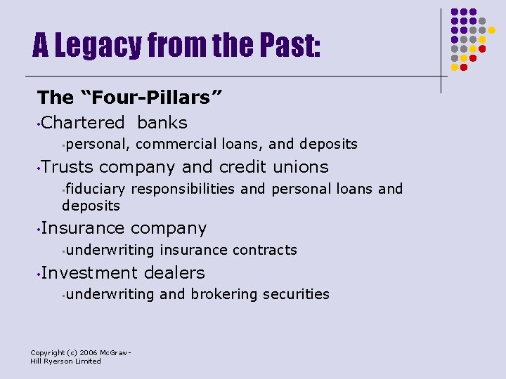 A Legacy from the Past: The “Four-Pillars” • Chartered banks • personal, • Trusts