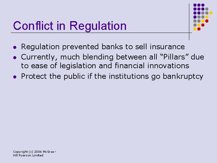 Conflict in Regulation l l l Regulation prevented banks to sell insurance Currently, much