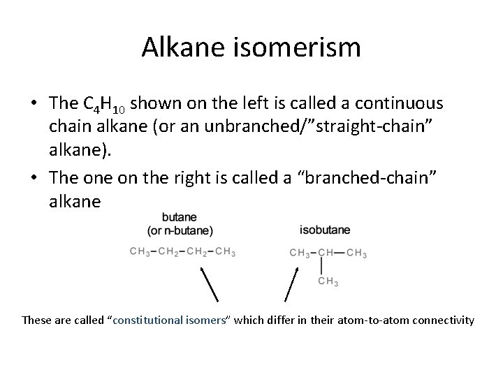 Alkane isomerism • The C 4 H 10 shown on the left is called