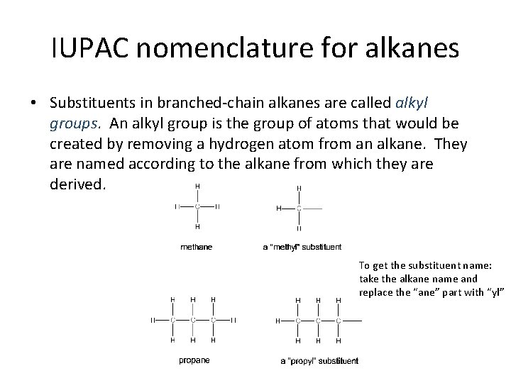 IUPAC nomenclature for alkanes • Substituents in branched-chain alkanes are called alkyl groups. An