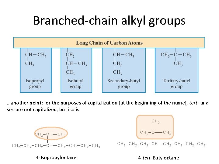 Branched-chain alkyl groups …another point: for the purposes of capitalization (at the beginning of