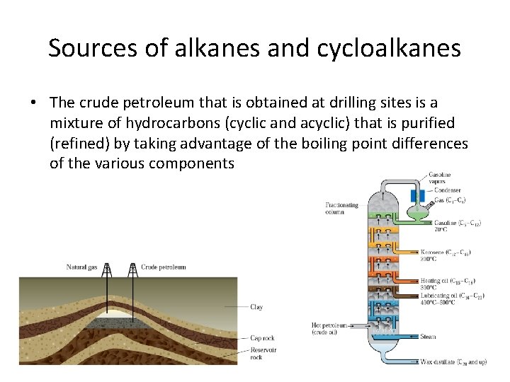 Sources of alkanes and cycloalkanes • The crude petroleum that is obtained at drilling