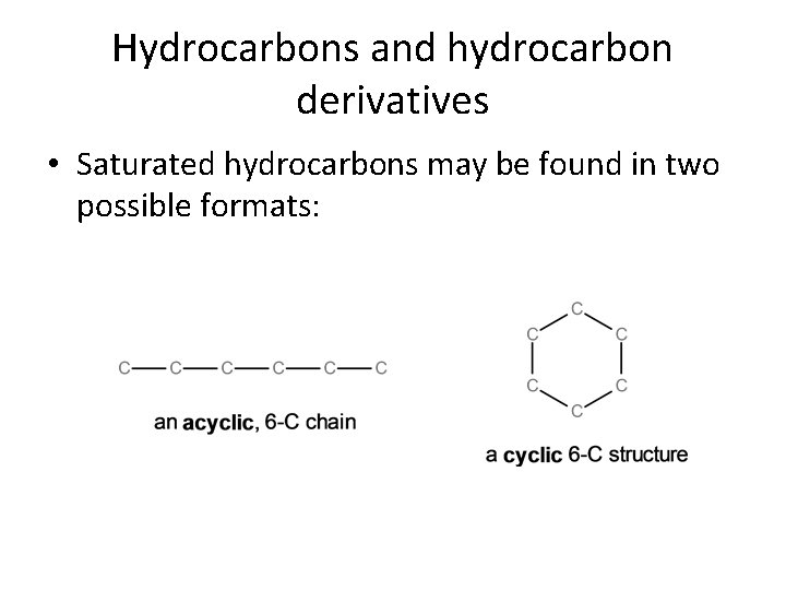 Hydrocarbons and hydrocarbon derivatives • Saturated hydrocarbons may be found in two possible formats: