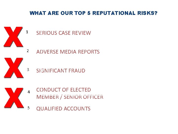 WHAT ARE OUR TOP 5 REPUTATIONAL RISKS? 1 SERIOUS CASE REVIEW 2 ADVERSE MEDIA