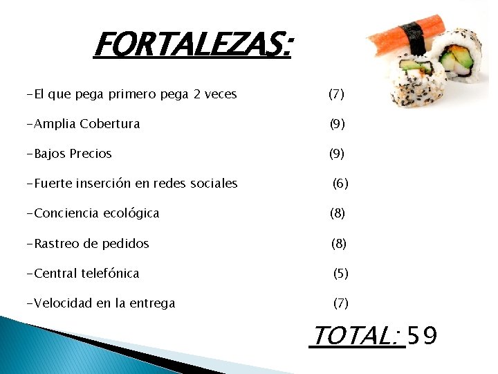 FORTALEZAS: -El que pega primero pega 2 veces (7) -Amplia Cobertura (9) -Bajos Precios FORTALEZAS: -El que pega primero pega 2 veces (7) -Amplia Cobertura (9) -Bajos Precios