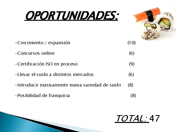 OPORTUNIDADES: -Crecimiento / expansión (10) -Concursos online (6) -Certificación ISO en proceso (9) -Llevar OPORTUNIDADES: -Crecimiento / expansión (10) -Concursos online (6) -Certificación ISO en proceso (9) -Llevar