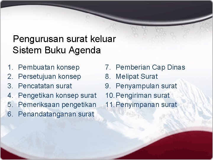 Pengurusan surat keluar Sistem Buku Agenda 1. 2. 3. 4. 5. 6. Pembuatan konsep