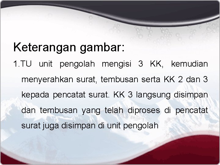 Keterangan gambar: 1. TU unit pengolah mengisi 3 KK, kemudian menyerahkan surat, tembusan serta