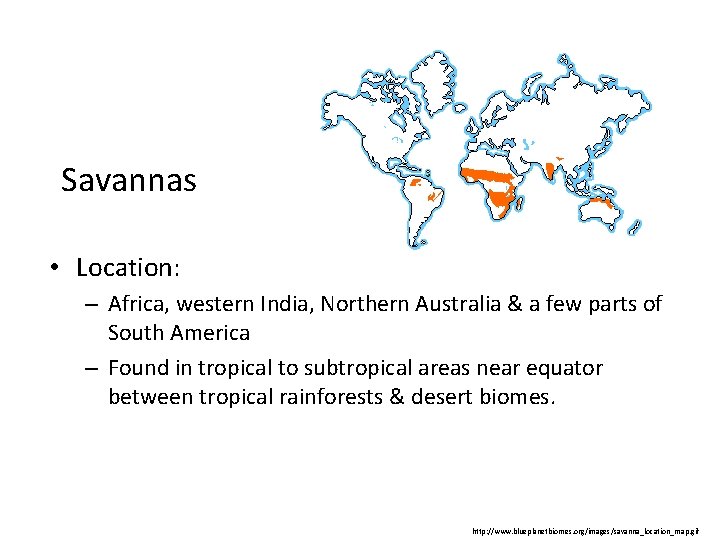 Savannas • Location: – Africa, western India, Northern Australia & a few parts Savannas • Location: – Africa, western India, Northern Australia & a few parts