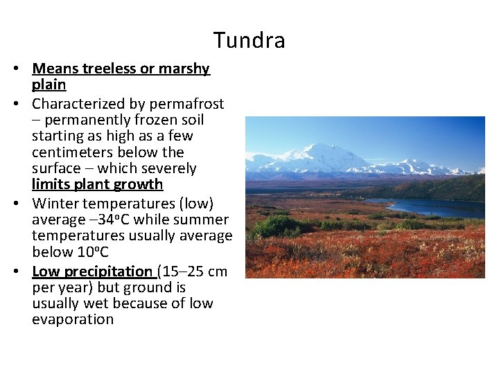 Tundra • Means treeless or marshy plain • Characterized by permafrost – permanently frozen Tundra • Means treeless or marshy plain • Characterized by permafrost – permanently frozen
