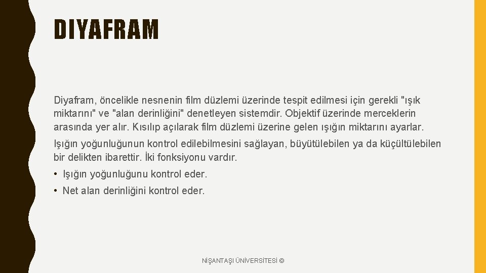 DIYAFRAM Diyafram, öncelikle nesnenin film düzlemi üzerinde tespit edilmesi için gerekli "ışık miktarını" ve