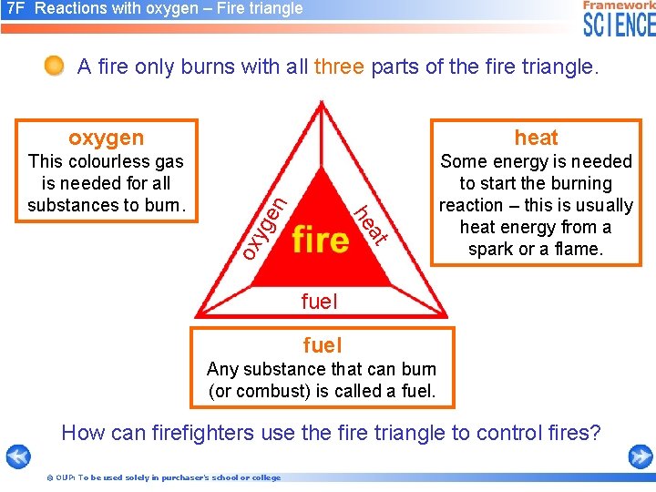 7 F Reactions with oxygen – Fire triangle A fire only burns with all