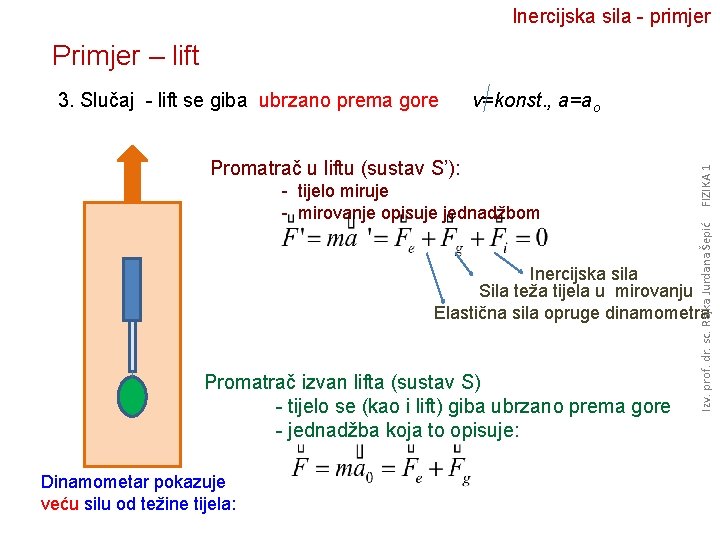 Inercijska sila - primjer Primjer – lift Promatrač u liftu (sustav S’): - tijelo