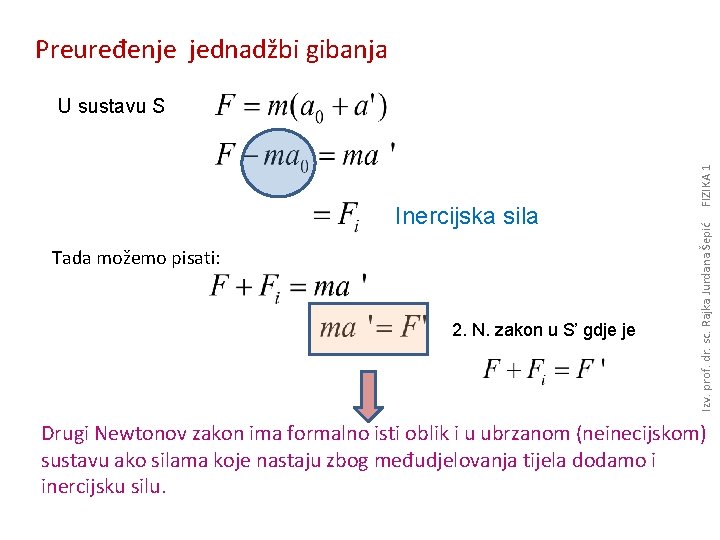 Preuređenje jednadžbi gibanja Tada možemo pisati: 2. N. zakon u S’ gdje je Izv.