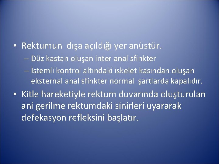  • Rektumun dışa açıldığı yer anüstür. – Düz kastan oluşan inter anal sfinkter