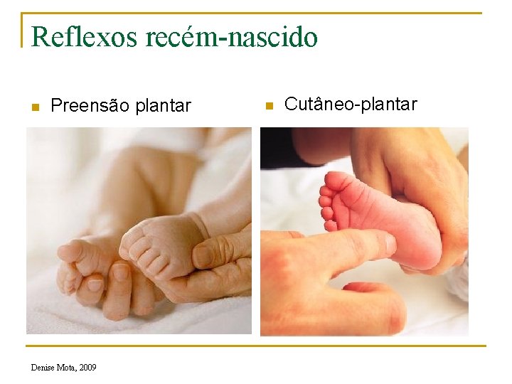 Reflexos recém-nascido n Preensão plantar Denise Mota, 2009 n Cutâneo-plantar 