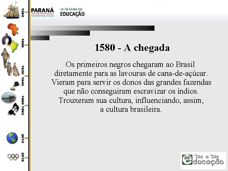 1580 - A chegada Os primeiros negros chegaram ao Brasil diretamente para as lavouras