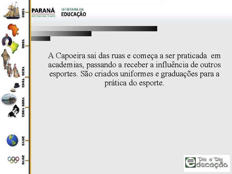 A Capoeira sai das ruas e começa a ser praticada em academias, passando a