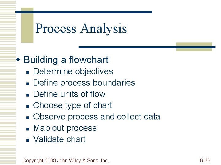 Process Analysis w Building a flowchart n n n n Determine objectives Define process