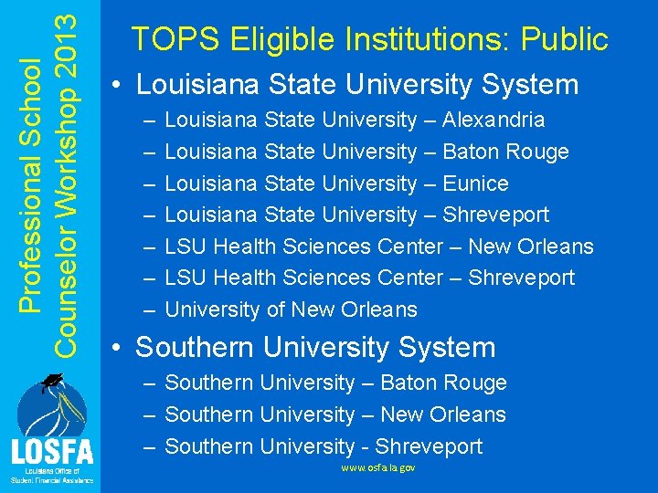 Professional School Counselor Workshop 2013 TOPS Eligible Institutions: Public • Louisiana State University System