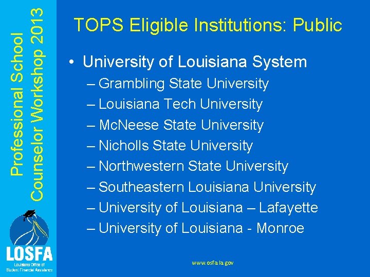Professional School Counselor Workshop 2013 TOPS Eligible Institutions: Public • University of Louisiana System