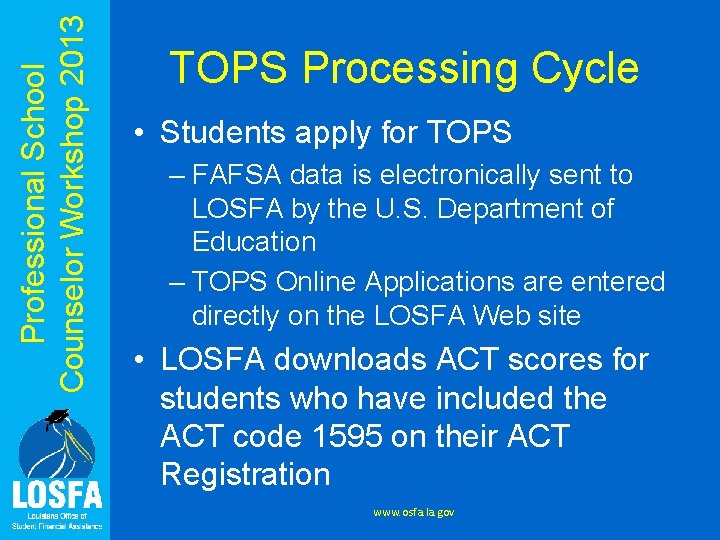 Professional School Counselor Workshop 2013 TOPS Processing Cycle • Students apply for TOPS –