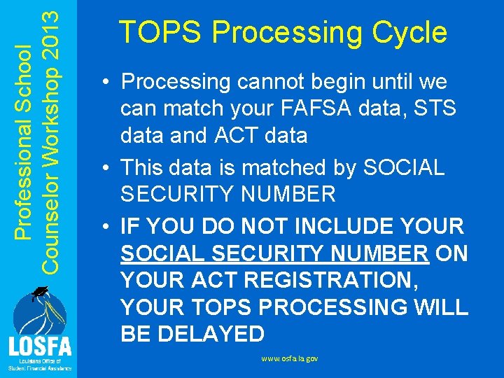 Professional School Counselor Workshop 2013 TOPS Processing Cycle • Processing cannot begin until we