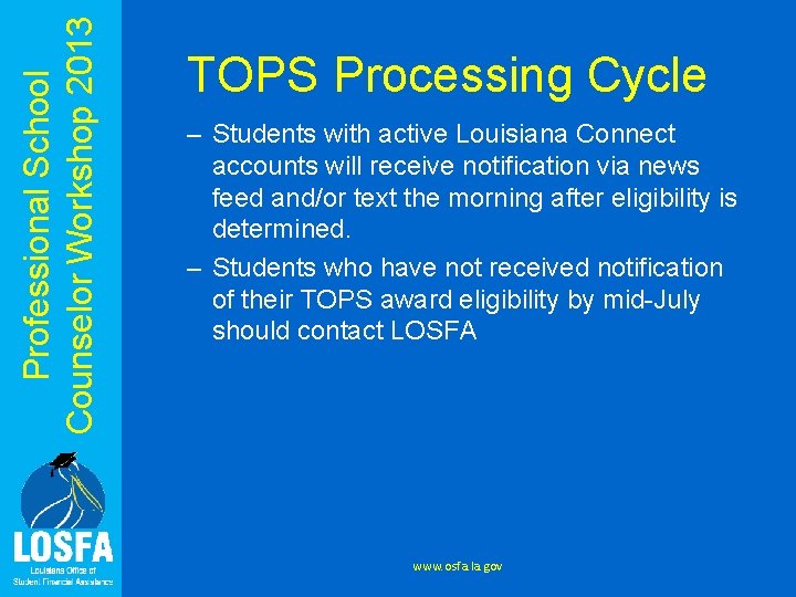 Professional School Counselor Workshop 2013 TOPS Processing Cycle – Students with active Louisiana Connect