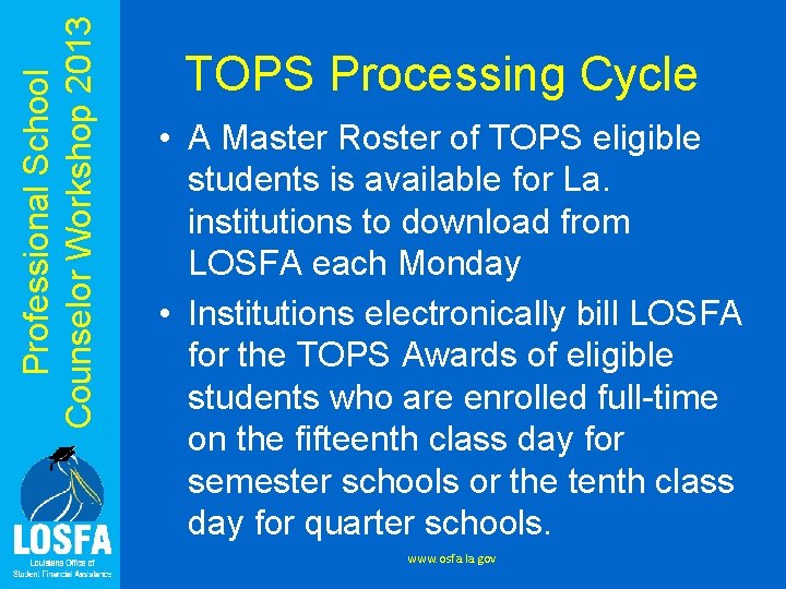 Professional School Counselor Workshop 2013 TOPS Processing Cycle • A Master Roster of TOPS