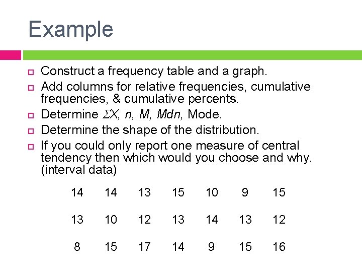 Example Construct a frequency table and a graph. Add columns for relative frequencies, cumulative