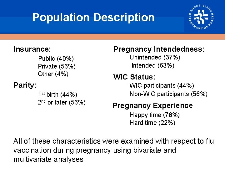 Population Description Insurance: Public (40%) Private (56%) Other (4%) Parity: 1 st birth (44%)